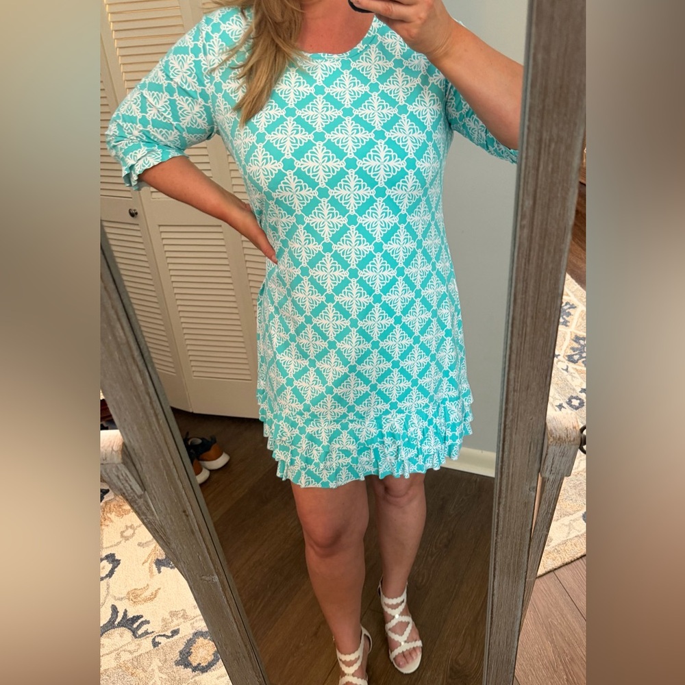 Lulu-B Aqua and White Patterned Ruffle-Hem Dress - Picture 3 of 6